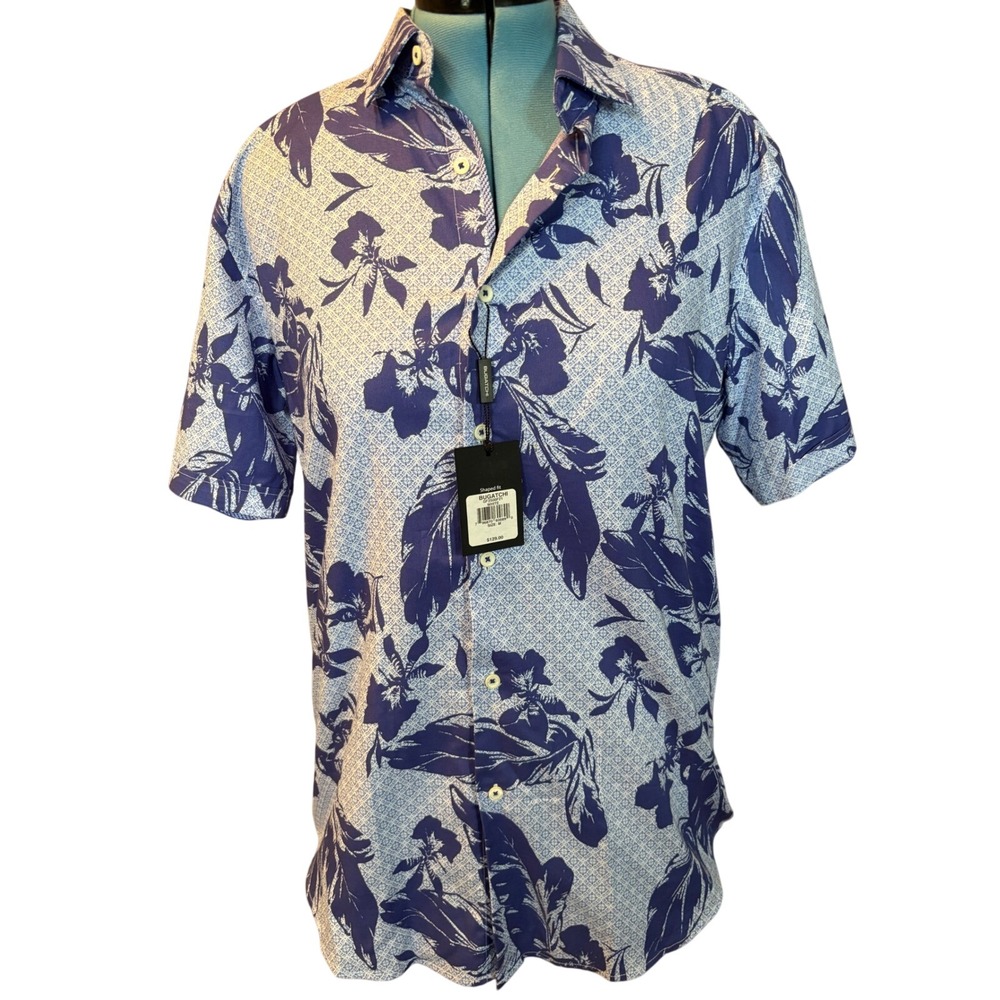 Bugatchi Mens Shaped Fit Floral Leaf Print Short Slv Shirt White Blue GF2500F21